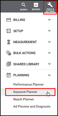 Google Keyword Planner Menu